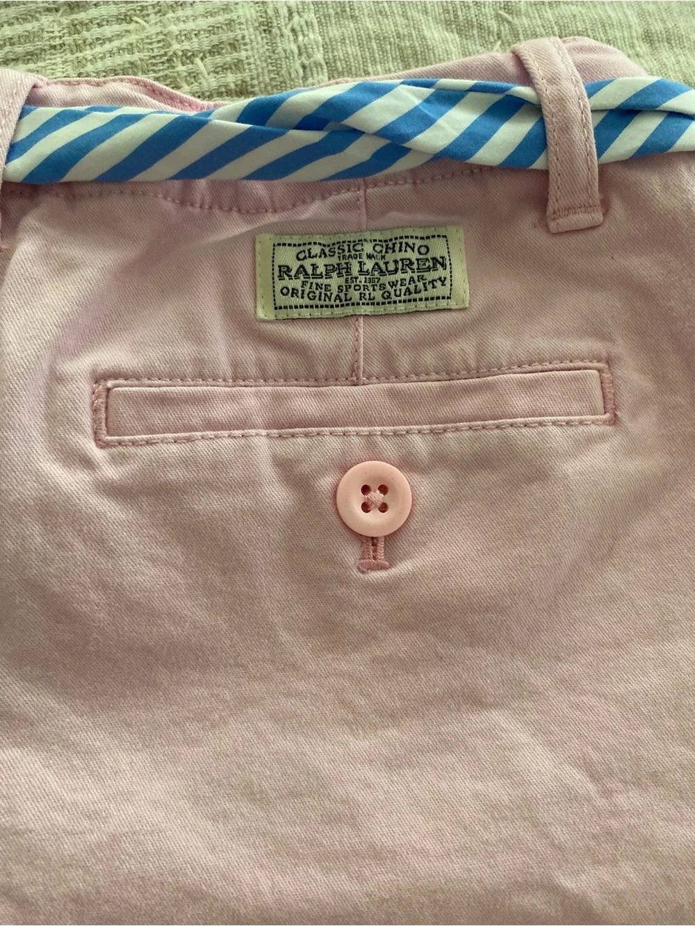 Ralph Lauren Pink Cotton Chino High-Waist Shorts with Blue Stripe Tie